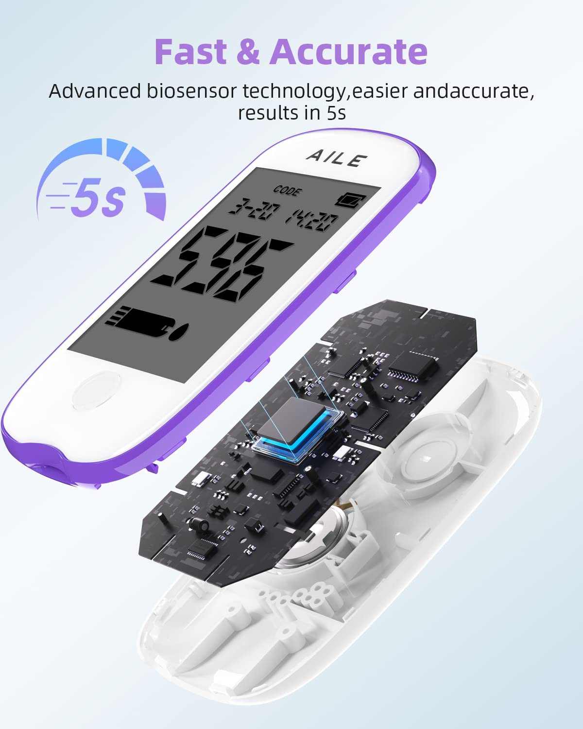 Blood Glucose Test Kit for Diabetes: AILE Blood Sugar monitor testing Kits Diabetics Meter For Home Use Test Strips x 50 and Low Pain Lancing Devices x 50 Testing Monitoring 5 Seconds Accurate Machine - Image 4