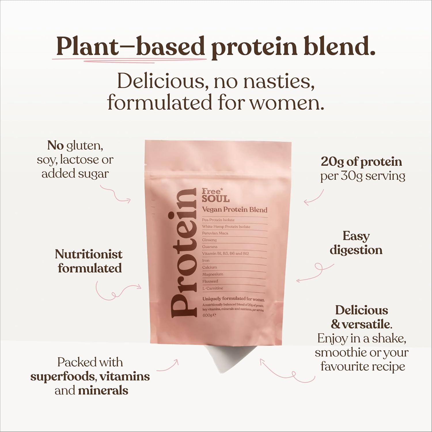 Free Soul Vegan Protein Powder | Formulated for Women | 600g | 20g Protein with Added Nutrients | Gluten & Soy Free Plant-Based Nutrition Shake | Pea & Hemp Isolate Protein | Vanilla Flavour - Image 3