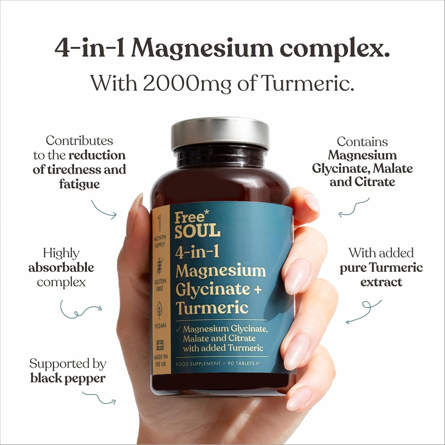 Magnesium Glycinate + Turmeric 4-in-1 Complex | Triple-Strength Magnesium Supplements with 1283mg, Bisglycinate, Citrate, Malate & 2000mg Turmeric | 90 Vegan Tablets | Gluten-Free - Image 4