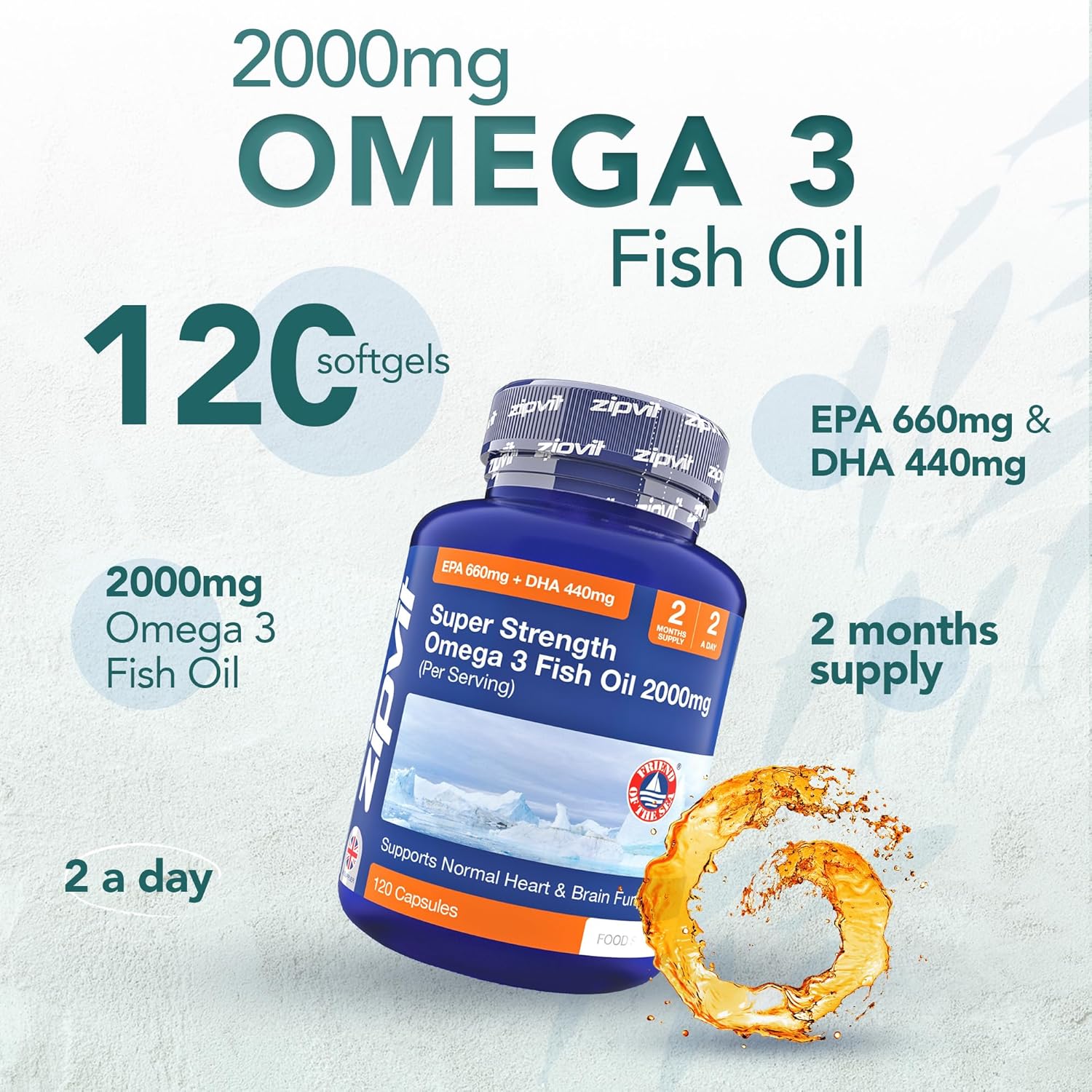 Omega 3 Fish Oil 2000mg, EPA 660mg DHA 440mg per Daily Serving. 120 Capsules (2 Months Supply). Supports Heart, Brain Function and Eye Health. 2 Capsules Per Serving - Image 3