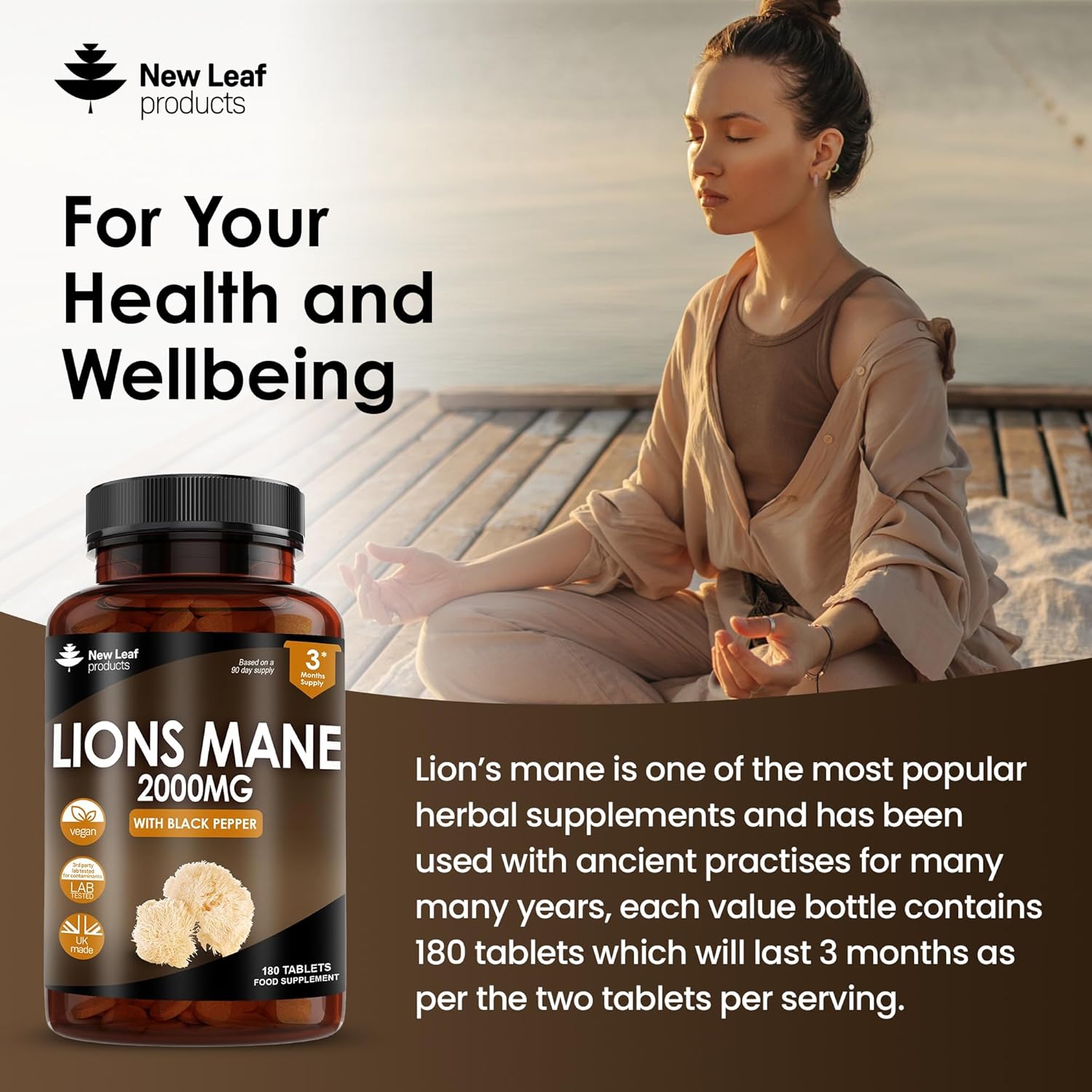 Lions Mane Mushroom 2000mg - 180 High Strength Vegan Tablets - Lion's Supplement with Black Pepper - Mushrooms Extract (Not Powder or Capsules) Made in The UK by New Leaf products - Image 3